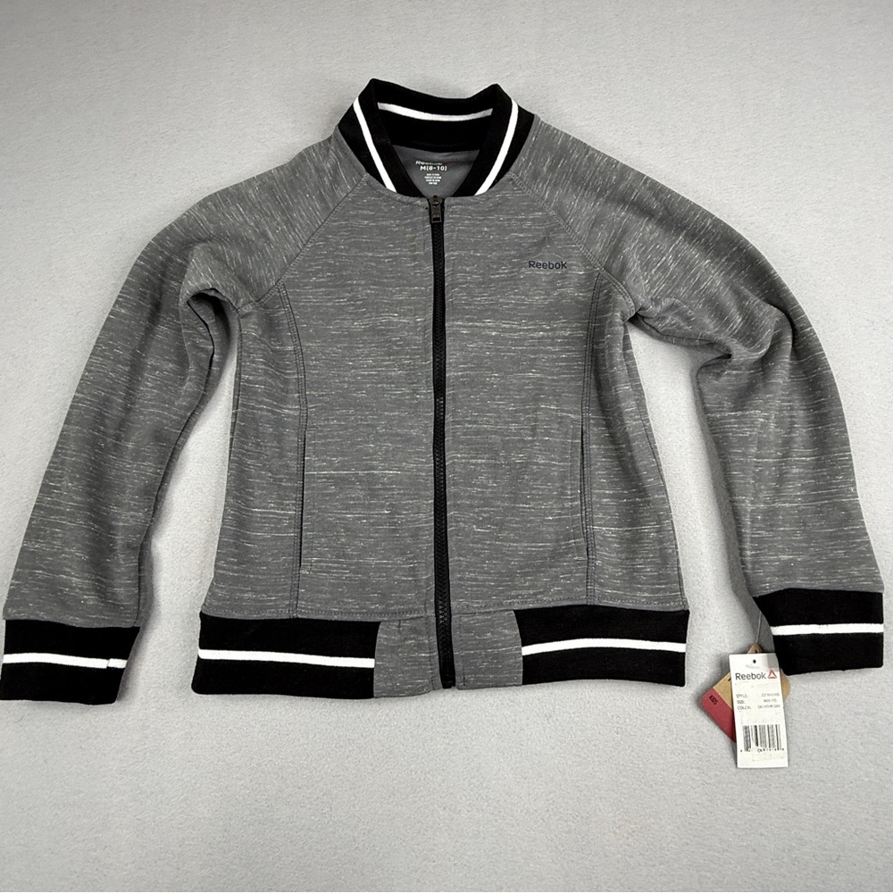 Reebok Girls Varsity Bomber Jacket M 8-10 Gray Black Striped Zip NWT